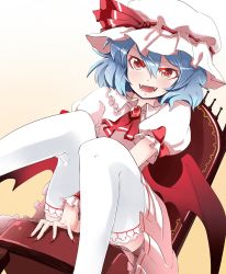 Rule 34 | 1girl, ascot, bat wings, blue hair, bow, chair, dress, fangs, hat, hat bow, hat ribbon, highres, mob cap, nobu baka, open mouth, red bow, red eyes, red ribbon, remilia scarlet, ribbon, short hair, sitting, smile, solo, thighhighs, touhou, white thighhighs, wings