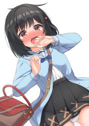 Rule 34 | 1girl, bag, black hair, black skirt, blue jacket, blue sailor collar, blush, breasts, commentary request, dutch angle, gluteal fold, granblue fantasy, hands up, hekomii, highres, jacket, long sleeves, looking at viewer, nose blush, open mouth, panties, pleated skirt, red eyes, sailor collar, shirt, shoulder bag, simple background, skirt, small breasts, solo, underwear, vikala (granblue fantasy), wavy mouth, white background, white panties, white shirt