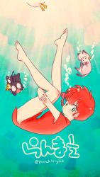 Rule 34 | air bubble, barefoot, bird, bubble, cat, duck, full body, green eyes, highres, hugging own legs, legs, looking at viewer, mousse (ranma 1/2), p-chan, pig, punch121ykk, ranma-chan, ranma 1/2, red hair, shampoo (ranma 1/2), twitter username, underwater, water