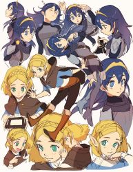 Rule 34 | 2girls, armor, black pants, blonde hair, blue eyes, blue hair, blue shirt, blush, boots, braid, breasts, brown cloak, brown footwear, cloak, closed eyes, fire emblem, fire emblem awakening, full body, green eyes, hair between eyes, hair ornament, hairclip, highres, leaning forward, long hair, lucina (fire emblem), medium breasts, multiple girls, multiple views, nintendo, open mouth, own hands clasped, own hands together, pants, parted bangs, parted lips, pointy ears, princess zelda, shirt, short hair, shoulder armor, sleeping, smile, syertse, the legend of zelda, the legend of zelda: breath of the wild, the legend of zelda: tears of the kingdom, thigh boots, tiara, upper body, white background, zzz