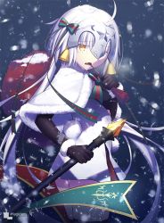 Rule 34 | 1girl, ahoge, artist name, bell, black gloves, black thighhighs, capelet, cowboy shot, dress, elbow gloves, fang, fate/grand order, fate (series), food, food in mouth, from side, fur trim, gloves, green ribbon, headpiece, holding, holding weapon, jeanne d&#039;arc (fate), jeanne d&#039;arc alter (fate), jeanne d&#039;arc alter santa lily (fate), long hair, looking at viewer, looking back, magicians (zhkahogigzkh), open mouth, pocky, red ribbon, ribbon, sack, sanpaku, short dress, silver hair, snow, solo, striped ribbon, thighhighs, very long hair, weapon, white dress, yellow eyes