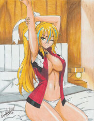 Rule 34 | 1girl, 2022, arms up, bed, bedroom, blaster master, blaster master zero, blonde hair, blue hair, breasts, cleavage, commission, eve (blaster master zero), green eyes, hair ornament, highres, jacket, large breasts, multicolored hair, navel, open clothes, open jacket, outstretched arm, panties, pillow, ponytail, ravernclouk design, socks, solo, stretching, thick thighs, thighs, traditional media, two-tone hair, underwear