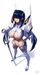 Rule 34 | 1girl, absurdres, blue eyes, blue hair, blunt bangs, boots, breasts, cleavage, closed mouth, cosplay, detached sleeves, from above, full body, gloves, hair intakes, hair ornament, high heel boots, high heels, highres, ho2nium, holocouncil, hololive, hololive english, junketsu, katana, kill la kill, kiryuuin satsuki (cosplay), large breasts, long hair, long sleeves, looking at viewer, ouro kronii, serious, simple background, solo, standing, sword, thigh boots, virtual youtuber, weapon, white background, white gloves