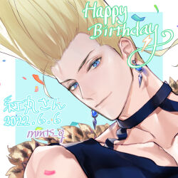 Rule 34 | 1boy, artist name, black choker, blue eyes, choker, closed mouth, collarbone, confetti, dated, earrings, english text, hair up, happy birthday, jewelry, looking at viewer, male focus, medium hair, mmts g, nikaidou benimaru, smile, solo, the king of fighters, the king of fighters for girls