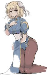 Rule 34 | 1girl, bad id, bad pixiv id, blonde hair, blue dress, blush, bracelet, brown eyes, bun cover, capcom, china dress, chinese clothes, chun-li, chun-li (cosplay), clothes lift, cosplay, djeeta (granblue fantasy), double bun, dress, dress lift, granblue fantasy, hair bun, hand on own chest, high collar, jewelry, kneeling, pantyhose, pelvic curtain, puffy short sleeves, puffy sleeves, purple pantyhose, rokuromi, short hair, short sleeves, side slit, simple background, smile, solo, spiked bracelet, spikes, street fighter, white background