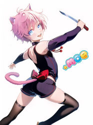 Rule 34 | animal ears, armpits, artist request, ass, bare shoulders, black thighhighs, blue eyes, blush, character request, detached sleeves, feet out of frame, gender request, holding, holding weapon, knife, looking back, open mouth, pink hair, ribbon, short hair, shorts, smile, source request, tail, thighhighs, turning head, weapon, white background