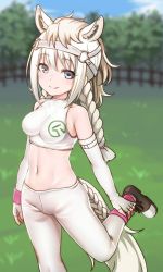 Rule 34 | 1girl, animal ears, bare shoulders, blue eyes, braid, braided tail, commentary request, cowboy shot, elbow gloves, fingerless gloves, gloves, headgear, horse ears, horse girl, horse tail, kemono friends, leggings, long hair, midriff, navel, nyifu, shoes, sleeveless, smile, sneakers, solo, sports bra, standing, standing on one leg, stretching, sweatband, tail, twin braids, white hair, white leggings, white sports bra, white tail, white thoroughbred (kemono friends)