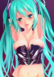 Rule 34 | 1girl, aqua eyes, aqua hair, armpits, arms up, bare shoulders, breasts, cleavage, corset, detached sleeves, hatsune miku, laco soregashi, long hair, looking at viewer, navel, open mouth, solo, sweat, twintails, vocaloid