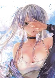 Rule 34 | 1girl, absurdres, barefoot, black jacket, breasts, choker, cleavage, collarbone, cover, cover page, covering one eye, grey eyes, highres, inaba yukiko, jacket, koigoku no toshi, large breasts, manga cover, paint splatter, silver hair, solo, tank top, tawara 1112, twintails, white tank top