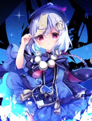 Rule 34 | 1girl, bead bracelet, beads, blue dress, blue hat, blush, bracelet, braid, closed mouth, commentary request, cropped jacket, dress, genshin impact, hair between eyes, hair ornament, hand up, hat, highres, jacket, jewelry, long hair, long sleeves, nanamomo rio, ofuda, purple eyes, purple hair, purple jacket, qingdai guanmao, qiqi (genshin impact), single braid, solo, very long hair, wide sleeves