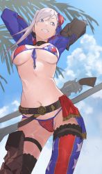 Rule 34 | 1girl, absurdres, american flag bikini, american flag print, arms behind head, arms up, asymmetrical gloves, bikini, blue eyes, blue jacket, breasts, brown gloves, bun cover, choker, cleavage, collarbone, cropped jacket, fate/grand order, fate (series), fingerless gloves, flag print, gloves, grin, hair bun, hair ribbon, highres, jacket, large breasts, long hair, long sleeves, looking to the side, miyamoto musashi (fate), miyamoto musashi (fate/grand order), miyamoto musashi (swimsuit berserker) (fate), miyamoto musashi (swimsuit berserker) (second ascension) (fate), navel, pink hair, pretty-purin720, print bikini, ribbon, shrug (clothing), single side bun, smile, solo, stomach, swept bangs, swimsuit, thighhighs, thighs