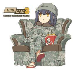 Rule 34 | 1girl, beanie, black hair, brown eyes, camouflage, chair, chicken (food), copyright name, crossed arms, crossed legs, digital camouflage, easy chair, feet, food, hat, kfc, military, military uniform, neck pillow, no pupils, open mouth, original, simple background, sitting, slippers, soldier, solo, tanto (tc1995), triangle mouth, uniform, united states army, white background