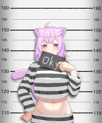 Rule 34 | 1girl, animal ear fluff, animal ears, cat ears, cat girl, cat tail, highres, hololive, nekomata okayu, prison clothes, shirt, shorts, striped clothes, striped shirt, striped shorts, tail, virtual youtuber