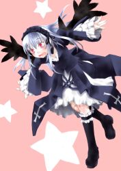 Rule 34 | 00s, 1girl, :o, black dress, black wings, boots, bridal garter, dress, frilled sleeves, frills, full body, hairband, highres, kakashichi, knee boots, knees, lolita hairband, long hair, long sleeves, open mouth, pink background, pink hair, rozen maiden, silver hair, simple background, solo, star (symbol), suigintou, tripping, very long hair, wavy mouth, wings