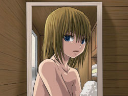 Rule 34 | 1girl, blonde hair, blue eyes, ceiling, collarbone, door, female focus, hair between eyes, hair down, indoors, kagamine rin, looking at viewer, minarai zouhyou, mirror, reflection, shelf, short hair, solo, topless frame, towel, upper body, vocaloid, wooden wall
