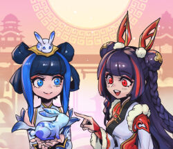 Rule 34 | 2girls, :d, animal ears, bare shoulders, black hair, black kimono, blue eyes, blue hair, blunt bangs, braid, breasts, closed mouth, double bun, fake animal ears, fur-trimmed kimono, fur trim, hair bun, hand up, japanese clothes, kimono, league of legends, long hair, long sleeves, lux (league of legends), medium breasts, multicolored background, multicolored hair, multiple girls, mythmaker seraphine, open mouth, phantom ix row, pointing, porcelain lux, rabbit, rabbit ears, red eyes, red hair, red kimono, seraphine (league of legends), smile, streaked hair, sun, teeth, twin braids, upper teeth only