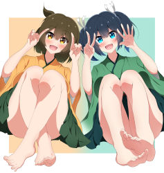 Rule 34 | 2girls, barefoot, black hair, blue eyes, blue hakama, brown hair, commentary request, cropped legs, full body, green hakama, green kimono, hair ribbon, hakama, hakama short skirt, hakama skirt, highres, hiryuu (kancolle), japanese clothes, kantai collection, kimono, long hair, looking at viewer, multiple girls, one side up, orange eyes, pleated skirt, ribbon, short hair, skirt, smile, souryuu (kancolle), twintails, yuuhi (yuyuhihi)