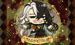 Rule 34 | 1boy, ashiya douman (fate), asymmetrical clothes, asymmetrical hair, beckoning, bell, black eyes, black hair, chibi, curly hair, earrings, fate/grand order, fate (series), fingernails, green kimono, green nails, hair bell, hair between eyes, hair ornament, half-closed eyes, honchu, japanese clothes, jewelry, kimono, long hair, magatama, magatama earrings, male focus, multicolored hair, nail polish, open clothes, open kimono, open mouth, outstretched arms, ribbed sleeves, sharp fingernails, single hair intake, smile, solo, split-color hair, spread arms, two-tone hair, very long fingernails, very long hair, white hair