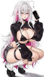 Rule 34 | 1girl, absurdres, ahoge, bikini, bikini top only, black footwear, black nails, blush, breasts, cleavage, commentary, crossed bangs, earrings, full body, heterochromia, highres, jewelry, large breasts, long hair, looking at viewer, mole, multicolored hair, open mouth, original, pink hair, red eyes, short shorts, shorts, smile, solo, squatting, swimsuit, thigh strap, thighs, tiptoes, two-tone hair, very long hair, vitaminechan, vivi (vitaminechan), white background, white hair, yellow eyes