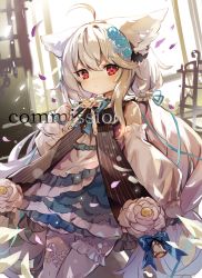 Rule 34 | 1girl, ahoge, animal ears, asymmetrical legwear, bare shoulders, blue ribbon, blush, closed mouth, commentary request, commission, detached sleeves, dress, flower, frilled dress, frills, fujii shino, hair between eyes, hand up, highres, long hair, long sleeves, looking at viewer, low twintails, mismatched legwear, original, pixiv commission, puffy long sleeves, puffy sleeves, red eyes, ribbon, sakurada shiro (hy plus), sleeveless, sleeveless dress, sleeves past wrists, solo, thighhighs, twintails, very long hair, watermark, white dress, white flower, white hair, white sleeves, white thighhighs