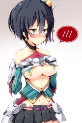 Rule 34 | 1girl, aqua eyes, bare shoulders, black hair, blush, breasts, detached sleeves, earrings, hands on own chest, highres, jewelry, large breasts, midriff, miniskirt, navel, oshiro project:re, pleated skirt, sakado (oshiro project), short hair, simple background, skirt, solo, speech bubble, spoken blush, underboob, watao
