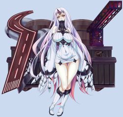 Rule 34 | 10s, 1girl, abyssal ship, alternate hair color, bags under eyes, between breasts, boots, breasts, claws, collar, covered navel, detached sleeves, dress, full body, giant hand, highres, horns, kantai collection, knee boots, large breasts, light purple hair, long hair, multicolored hair, red eyes, seaport princess, short dress, single horn, slit pupils, solo, straight-on, tachi-e, thigh gap, transparent background, turret, two-tone hair, very long hair, zephid