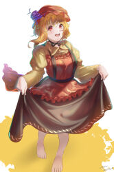 Rule 34 | 1girl, absurdres, aki minoriko, apron, barefoot, black choker, blonde hair, brown skirt, choker, clothes lift, grape hat ornament, hat, highres, lifted by self, long sleeves, mob cap, open mouth, red apron, red eyes, shirt, simple background, skirt, skirt lift, standing, touhou, wheat print, yellow shirt, yujin (kanouyuuto-0423)