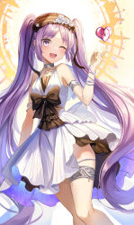 Rule 34 | 1girl, absurdres, armlet, backlighting, bare shoulders, blush, bracelet, breasts, collarbone, dress, euryale (fate), euryale (third ascension) (fate), fate/hollow ataraxia, fate (series), frilled hairband, frills, hairband, halo, heart, highres, jewelry, kyo (maae00), long hair, looking at viewer, neck ring, necklace, one eye closed, open mouth, parted bangs, purple eyes, purple hair, sidelocks, small breasts, smile, solo, thighlet, thighs, twintails, very long hair, white dress