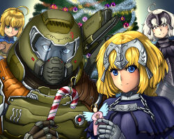 Rule 34 | 1boy, 3girls, ahoge, armor, artoria pendragon (all), artoria pendragon (fate), bauble, blonde hair, blue eyes, burger, candy, candy cane, christmas ornaments, christmas tree, crossover, doom (series), doomguy, eating, fate (series), food, green armor, green eyes, helmet, jeanne d&#039;arc (fate), jeanne d&#039;arc alter (fate), multiple girls, red eyes, saber (fate), science fiction, smile, substance20, white hair