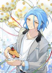 Rule 34 | 1boy, balloon, blazer, blue hair, blush, bracelet, cake, cake slice, chocolate covered strawberry, ensemble stars!, food, fruit, grin, highres, himeru (ensemble stars!), holding, holding food, holding plate, jacket, jewelry, kimey, long sleeves, looking at viewer, male focus, necklace, parted bangs, plate, short hair, smile, solo, strawberry, yellow eyes