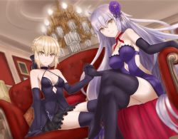 Rule 34 | 2girls, ahoge, argyle, argyle clothes, argyle cutout, artoria pendragon (all), artoria pendragon (fate), backless dress, backless outfit, black gloves, black legwear, black ribbon, black skirt, blonde hair, blunt bangs, breasts, character cutout, cleavage, clothing cutout, couch, crossed legs, dress, elbow gloves, fate (series), floating hair, flower, frilled skirt, frills, gloves, hair between eyes, hair flower, hair ornament, hair ribbon, high heels, highres, holding hands, indoors, interlocked fingers, jeanne d&#039;arc (fate), jeanne d&#039;arc alter (avenger) (fate), jeanne d&#039;arc alter (fate), long hair, looking at viewer, medium breasts, miniskirt, multiple girls, neck ribbon, official alternate costume, panties, pantyshot, parted lips, pixiv fate/grand order contest 2, pumps, purple dress, purple flower, purple footwear, red ribbon, ribbon, saber alter, short dress, short hair, silver hair, sitting, skirt, sleeveless, sleeveless dress, smile, strapless, strapless dress, thighhighs, underwear, very long hair, white panties, yellow eyes, zilaishui