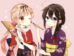 Rule 34 | 10s, 2girls, :o, ahoge, blonde hair, blue eyes, braid, brown hair, calligraphy brush, drawing on another&#039;s face, floral print, grey background, hagoita, hair flaps, hair ornament, hair over shoulder, hair ribbon, hairclip, japanese clothes, kantai collection, kimono, long sleeves, multiple girls, naoto (tulip), new year, obi, paddle, paintbrush, painting (action), red eyes, ribbon, sash, shigure (kancolle), simple background, single braid, smile, star (symbol), upper body, yuudachi (kancolle)