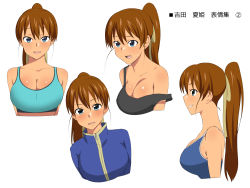 Rule 34 | 1girl, blush, breasts, brown hair, character sheet, cleavage, commentary request, fang, grin, hair ribbon, high ponytail, highres, jacket, kagemusha, large breasts, looking at viewer, measurements, multiple views, one-piece swimsuit, original, profile, ribbon, school uniform, smile, sports bra, strap slip, sweatdrop, swimsuit, tan, tanline, track jacket, translation request