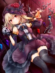 Rule 34 | 1girl, alternate costume, bare shoulders, black gloves, black thighhighs, blonde hair, broken, brooch, closed mouth, detached sleeves, doll, dress, flandre scarlet, floor, floral print, flower, gloves, hat, highres, holding, jewelry, layered dress, looking at viewer, lying, on back, red eyes, red flower, red rose, renka (cloudsaikou), rose, saliva, skull, solo, string, thighhighs, touhou, wing collar, wings
