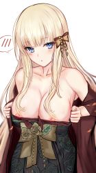 Rule 34 | 1girl, absurdres, bare shoulders, blonde hair, blue eyes, blush, bow, breasts, cleavage, collarbone, efuri (riarea00), elf, hair bow, hair ornament, highres, large breasts, long hair, long sleeves, looking at viewer, nipple slip, nipples, open mouth, pointy ears, princess connect!, saren (christmas) (princess connect!), saren (princess connect!), sidelocks, simple background, solo, split mouth, white background, wide sleeves