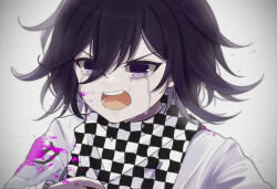 Rule 34 | 1boy, :d, black hair, blood, blood on clothes, blood on face, checkered clothes, checkered scarf, crying, danganronpa (series), danganronpa v3: killing harmony, fuyu ko, gradient background, grey background, highres, male focus, multicolored hair, oma kokichi, open mouth, pink blood, purple hair, scarf, smile, solo, tears, teeth, tongue, two-tone hair