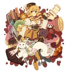 Rule 34 | 10s, 1girl, beret, blonde hair, boots, cake, charlotte (madoka magica), chocolate, corset, drill hair, fingerless gloves, food, fork, gloves, gun, hat, kyubey, magical girl, magical musket, mahou shoujo madoka magica, mahou shoujo madoka magica (anime), ottoichi, pocky, puffy sleeves, rifle, smile, spoon, syringe, thighhighs, tomoe mami, twin drills, twintails, weapon, yellow eyes