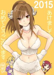 Rule 34 | &gt;:(, 2015, 4girls, :c, angel beats!, asami yuriko, bare shoulders, blush, breasts, brown eyes, brown hair, chibi, chibi inset, chinese zodiac, choker, cleavage, closed mouth, collarbone, commentary request, cowboy shot, curled horns, curvy, dated, eyes visible through hair, fake horns, frown, fur choker, girls dead monster, gloves, hair between eyes, halterneck, hands on own hips, happy new year, head tilt, hisako (angel beats!), horns, irie miyuki, iwasawa masami, large breasts, long hair, looking at viewer, multiple girls, new year, ponytail, sekine shiori, shiny skin, shy, sidelocks, signature, simple background, solo focus, standing, straight-on, translation request, v-shaped eyebrows, white choker, white fur, white gloves, year of the goat, yellow background