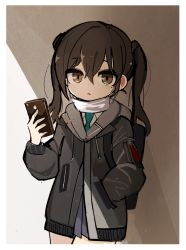 Rule 34 | 1girl, bad id, bad pixiv id, blue skirt, brown eyes, brown hair, cellphone, commentary, cowboy shot, green necktie, grey jacket, hair between eyes, hand in pocket, hand up, highres, holding, holding phone, idolmaster, idolmaster cinderella girls, jacket, leaning back, looking at viewer, mask, mole, mole under eye, mouth mask, necktie, phone, pleated skirt, seu 9 (banya), shadow, skirt, smartphone, solo, sunazuka akira, twintails, two-tone background