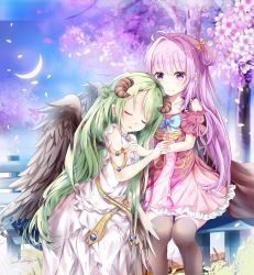 Rule 34 | 2girls, bare shoulders, bench, black wings, blue sky, blush, brown legwear, brown sleeves, closed eyes, closed mouth, commentary request, crescent moon, curled horns, detached sleeves, double bun, dress, feathered wings, flower, green eyes, hair between eyes, hair bun, highres, horns, long hair, moon, multiple girls, mutang, night, night sky, novel illustration, official art, on bench, original, outdoors, over-kneehighs, park bench, parted lips, petals, pink dress, pink flower, pink ribbon, puffy short sleeves, puffy sleeves, purple eyes, purple hair, ribbon, short sleeves, sitting, sky, sleeveless, sleeveless dress, smile, thighhighs, tree, very long hair, white dress, wings