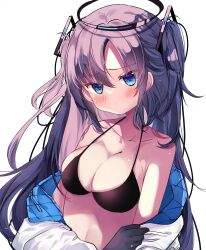 Rule 34 | 1girl, absurdres, bikini, black bikini, black gloves, black halo, blue archive, blush, breasts, cleavage, commentary, fujiwarahatsune, gloves, halo, highres, jacket, long hair, medium breasts, off shoulder, open clothes, open jacket, purple eyes, purple hair, simple background, solo, swimsuit, two side up, upper body, white background, white jacket, yuuka (blue archive)