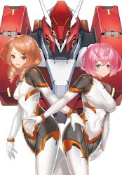 Rule 34 | 2girls, albireo scramble, blue eyes, blue hair, bodysuit, breasts, brown hair, cover, cover page, covered navel, drill hair, extra eyes, highres, large breasts, leaning to the side, mecha, medium breasts, medium hair, multiple girls, novel cover, official art, open hands, pilot suit, pink hair, robot, science fiction, shirousagi uyu, short hair, skin tight, textless version, triangle hair ornament, yellow eyes