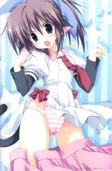 Rule 34 | 1girl, absurdres, animal ears, blue eyes, brown hair, cat ears, cat tail, clothes pull, d:, fang, highres, korie riko, long sleeves, nanjou nazuna, necktie, open mouth, panties, paw pose, pink panties, scan, school uniform, skirt, skirt pull, striped clothes, striped panties, tail, tsuki tsuki!, underwear