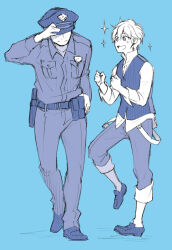 Rule 34 | 2boys, adjusting clothes, adjusting headwear, blue background, disguise, excited, fate/strange fake, fate (series), flat escardos, hand on headwear, hat, isshoku (shiki), jack the ripper (berserker) (fate), long sleeves, looking at another, multiple boys, open mouth, police, police uniform, short hair, simple background, sleeves rolled up, smile, sparkle, standing, standing on one leg, uniform, vest