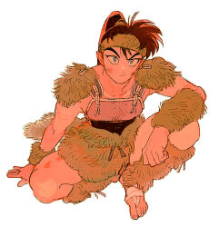 1boy :/ arm_on_knee armor bandaged_foot bandages barefoot blue_eyes brown_fur brown_hair canvas_texture chloe_k13 dirty dirty_face full_body fur_cuffs fur_leg_warmers fur_skirt fur_wrist_cuffs inuyasha kouga_(inuyasha) leg_warmers long_hair looking_at_viewer looking_up male_focus pointy_ears ponytail simple_background sitting solo thick_eyebrows tsurime v-shaped_eyebrows white_background wrist_cuffs