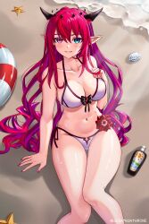 Rule 34 | 1girl, beach, bikini, black ribbon, blue eyes, breasts, clam, cleavage, collarbone, demon horns, double halo, flower, hair between eyes, halo, hand on ground, heterochromia, highres, hololive, hololive english, horns, irys (hololive), knees, lifebuoy, long hair, looking at viewer, lotion, medium breasts, multicolored hair, nail polish, navel, parted lips, pink nails, pointy ears, purple eyes, red flower, red hair, ribbon, sand, seraphim throne, side-tie bikini bottom, solo, star halo, starfish, streaked hair, sunscreen, swept bangs, swim ring, swimsuit, thighs, very long hair, virtual youtuber, water, wet, white bikini