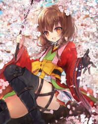 Rule 34 | 1girl, black gloves, blush, boots, braid, brown eyes, brown hair, cherry blossoms, falling petals, gloves, highres, holding, holding stick, japanese clothes, kimono, kirie nozomi, looking down, medium hair, obi bow, open mouth, petals, red kimono, shimazu masamune, sitting on branch, skirt, smile, solo, stick, tenka hyakken, thigh boots, thigh strap, twin braids, white skirt, wide sleeves