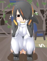 Rule 34 | 1girl, black footwear, black hair, black jacket, blush, boots, breasts, chair, closed mouth, commentary request, emperor penguin (kemono friends), full body, hair between eyes, hands on own cheeks, hands on own face, headphones, heart, highres, indoors, jacket, kemono friends, large breasts, lets0020, long bangs, looking at viewer, multicolored hair, numbered, one-piece swimsuit, open clothes, open jacket, orange hair, short hair, smile, solo, squatting, streaked hair, swimsuit, thighhighs, tree, white one-piece swimsuit, white thighhighs