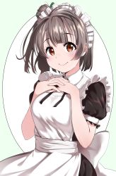 Rule 34 | 1girl, alternate costume, apron, black dress, black ribbon, brown eyes, closed mouth, dress, enmaided, fingernails, grey hair, hands up, highres, igarashi kyouhei, interlocked fingers, looking at viewer, love live!, love live! school idol project, maid, maid apron, maid headdress, minami kotori, nail polish, neck ribbon, one side up, pink nails, puffy short sleeves, puffy sleeves, ribbon, short sleeves, smile, solo, upper body, white apron