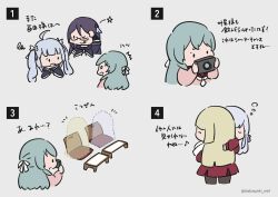 Rule 34 | 0 0, 5girls, :q, ^^^, ^ ^, ahoge, aqua hair, arm at side, arm up, assault lily, black hair, black ribbon, blonde hair, blue ribbon, blunt bangs, bow, brown cardigan, brown pantyhose, brown sailor collar, camera, cardigan, carrying, carrying person, chair, chibi, closed eyes, closed mouth, comic, cropped jacket, cropped torso, crossed bangs, detached sleeves, dojikko pose, eighth note, grey background, grey hair, hair bow, hair ribbon, half updo, hand on own head, hand up, highres, holding, holding camera, kabayaki (kabayaki eel), kanba girls high school uniform, kon kanaho, long hair, looking at another, looking at object, looking away, mashima moyu, miniskirt, miriam hildegard von gropius, miyagawa takane, multiple girls, musical note, neck ribbon, necktie, no mouth, notice lines, one eye closed, one eye covered, open mouth, pantyhose, princess carry, profile, purple ribbon, red shirt, red skirt, ribbon, sailor collar, school uniform, shirt, short necktie, short sleeves, simple background, single-lens reflex camera, skirt, squeans, sleeping, sleeping on person, smile, solid oval eyes, spoken musical note, squiggle, standing, star (symbol), table, toki kureha, tongue, tongue out, translated, twintails, twitter username, v-shaped eyebrows, white bow, white necktie, white pantyhose, white ribbon, yurigaoka girls academy school uniform